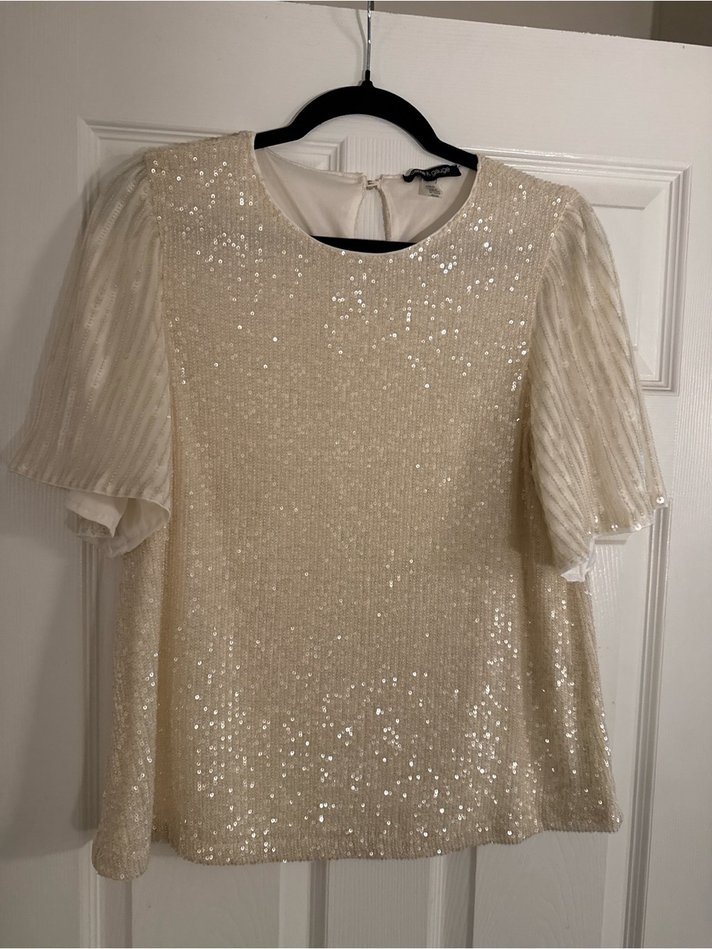 Cream Sequin Party Top Women’s Large Elegant Blouse